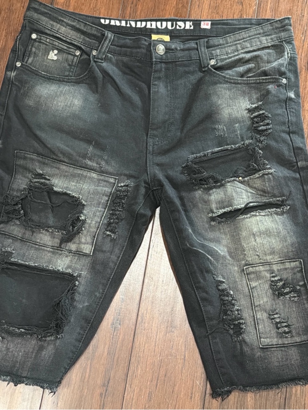 GrindHouse Men's Distressed Black Patchwork Shorts 38